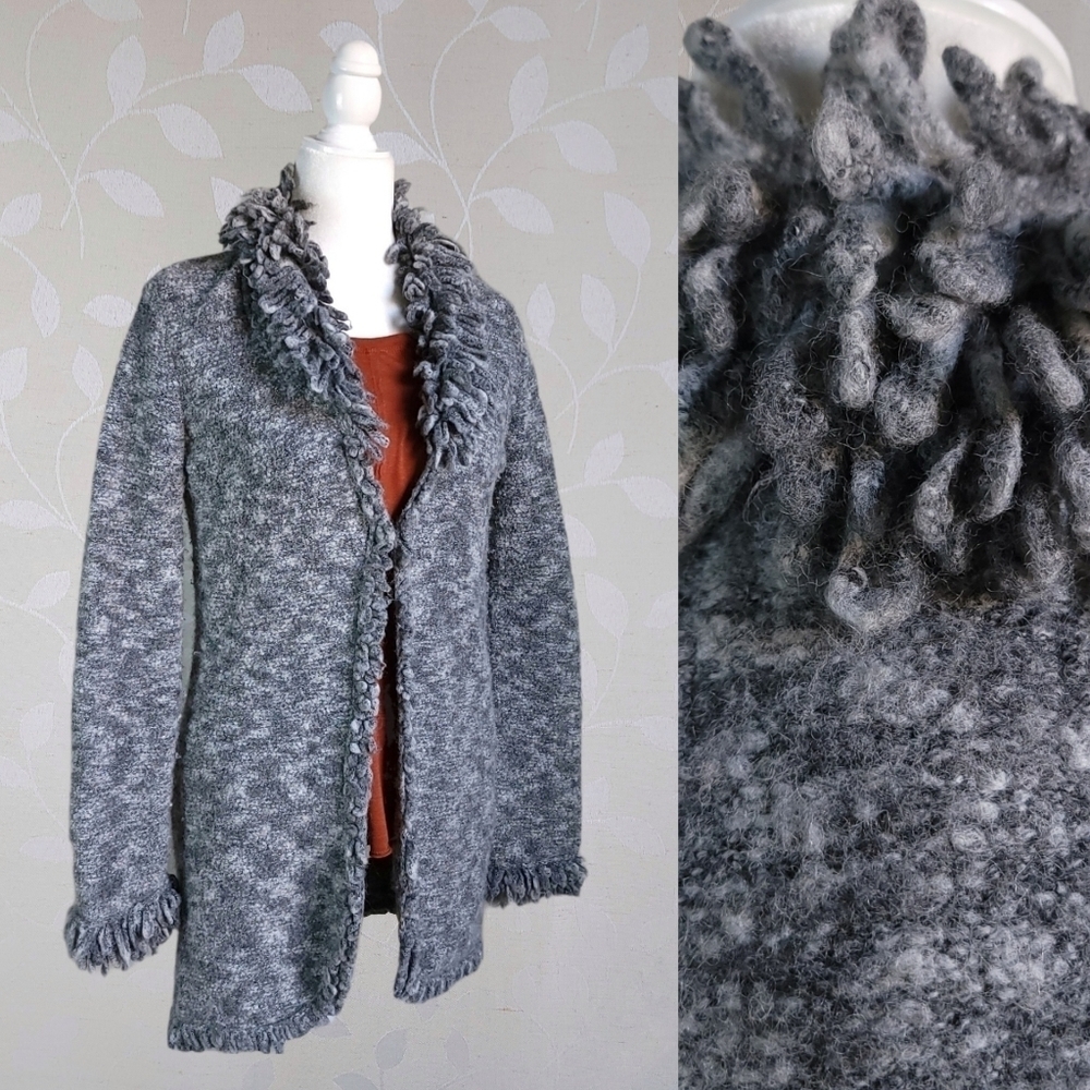 Nine West Cozy Wool Blend Loop Knit Hook Front Longline Cardigan Marled Gray Med